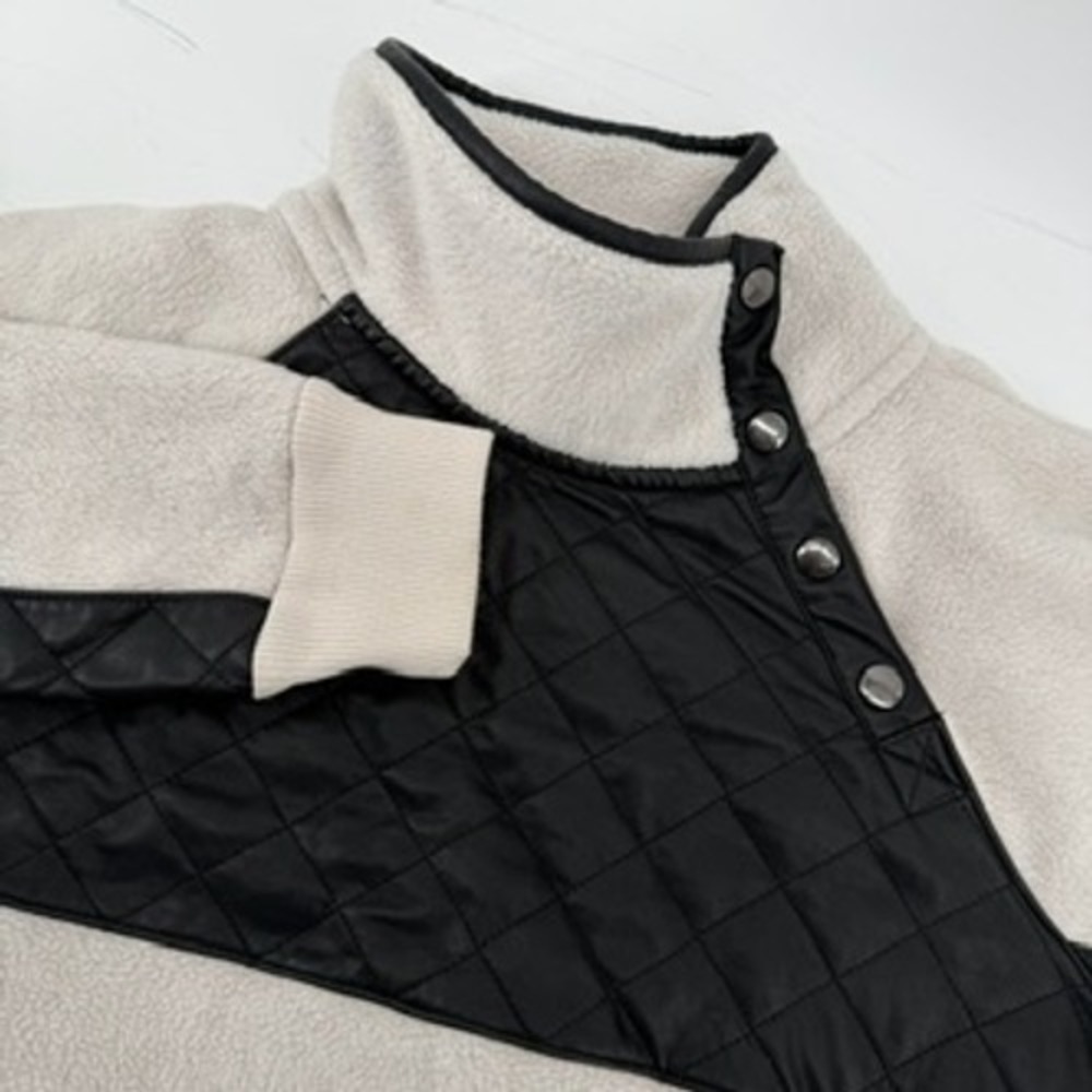 Abercrombie & Fitch Womens Medium Quilted Snap Fleece Pullover Cream Black Mock
